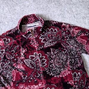 Croft & Barrow Women's Small Fleece Jacket Burgundy Floral Zip Up Coat‎